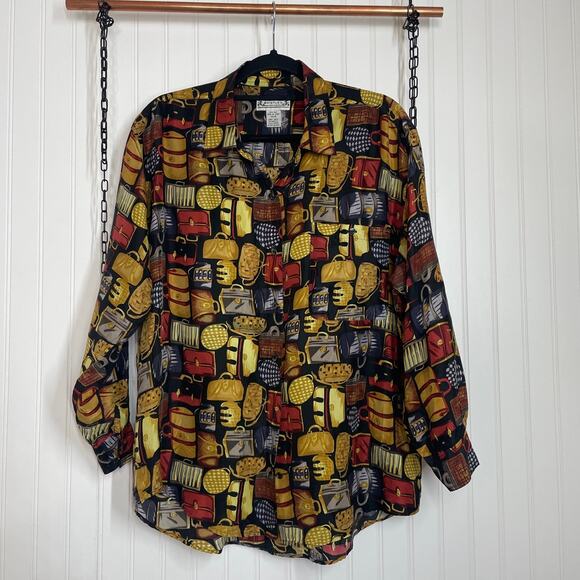 Whistles Women’s 100% Silk Bags Print Long Sleeve Button Down Shirt Size M - Picture 1 of 5